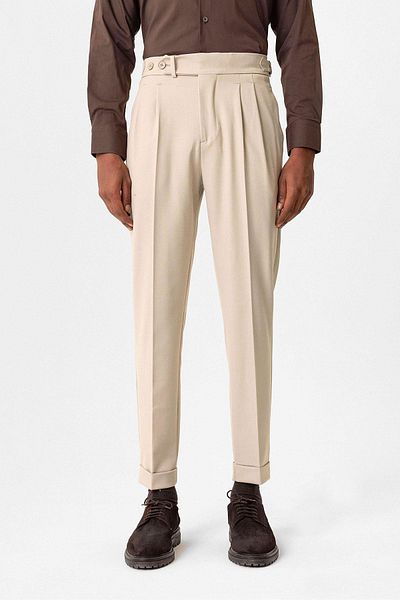 Antioch Beige High Waist Pleated Carrot Fit Men Pants