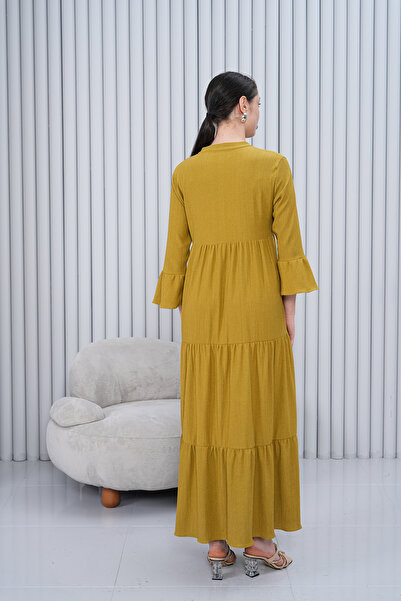 Miss Dünya Lissa Kadın Hakim Yaka Düğmeli Uzun Dokuma Elbise