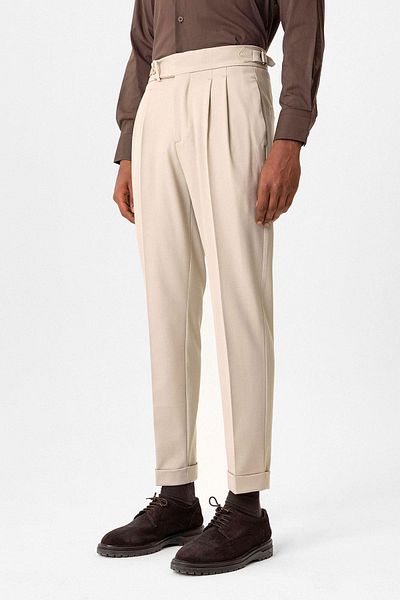 Antioch Beige High Waist Pleated Carrot Fit Men Pants
