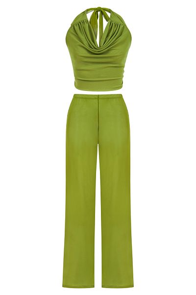 AQUELLA Tulle Oil Green Crop Top-Pants Set