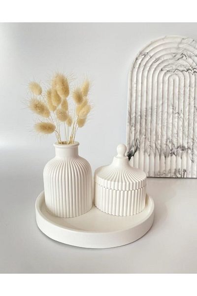 STOREMAX MU-ARTSHOP Σετ διακόσμησης από σκυρόδεμα, βάζο από λευκό σκυρόδεμα, πιάτο από λευκό σκυρόδεμα, λευκός στρογγυλός δίσκος, tnca 871301
