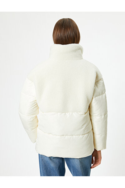 Koton Plush Detailed Puffer Jacket - Stand Collar and Zippered Pocket