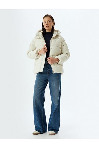 Koton Fleece Lined Oversize Puffer Jacket - Water Repellent Hooded Pocket