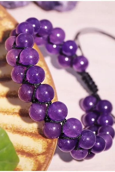 NBS Beautiful Naturel Stones Amethyst Hand Knitted Natural Stone Bracelet (Evil Eye, Protection, Stone of Courage) 8 mm