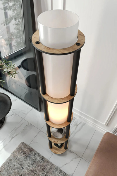 Halımax Messer Dor Meşe Raflı Modern Lambader Ayaklı Dekoratif Abajur Modern Aydınlatma