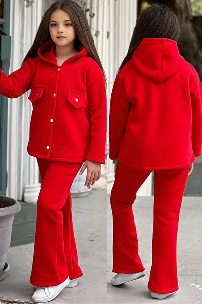 CC STORE 3 Iplik Şardonlu Kışlık Bol Paça Alt Üst Kız Çocuk Eşofman Takımı Çıtçıtlı Polarlı