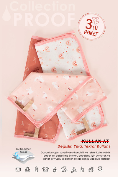 HAMUR Baby Proof 3'lü Alt Açma Değiştirme Örtüsü Sıvı Geçirmez Koruyucu Alez Yıkanabilir Bebek Bakım Pedi
