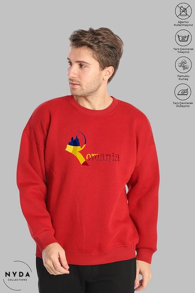 Nyda Collections Унисекс суитшърт с дълъг ръкав, щампа Румъния и кръгло деколте, без качулка и повдигнати елементи