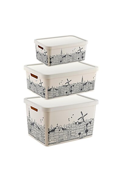 Smartware مجموعة من 3 صناديق بغطاء منقوش ستافي أمستردام (4,5-12-18 لتر)