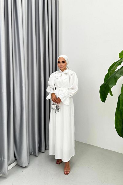 QUQA White Satin Dress - Belted