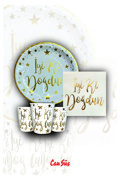 Cansüs Iyi Ki Doğdun Gold Varak Baskılı Set (Tabak-Bardak-Peçete) 6 Kişilik