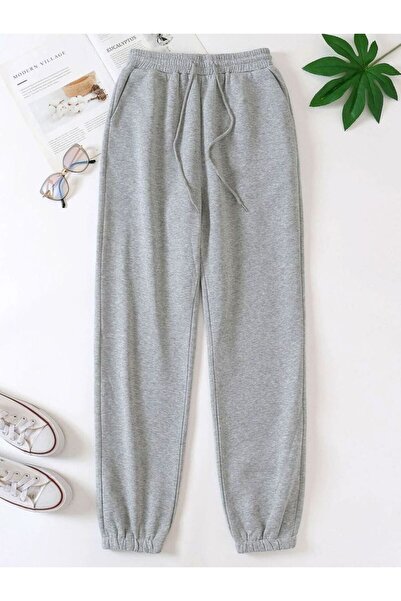 THE WHITE Ανδρικό παντελόνι επένδυση fleece Grey Jogger με λαστιχένιο κάτω μέρος