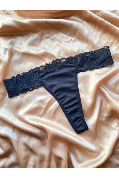 Maly Love Kadın Siyah Fitilli Kumaş ve Dantel Detaylı String Tanga