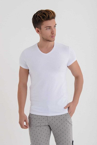 DYNAMO Tricou alb cu decolteu în V Lycra Basic pentru bărbați