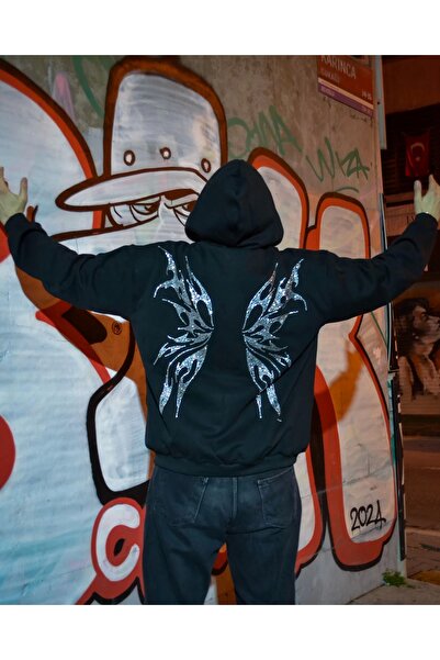 Violon Wings Stone Printed Oversize Μαύρη Ζακέτα με μάσκα