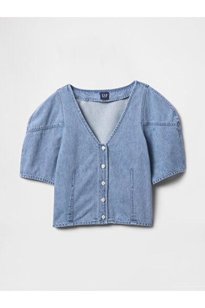 GAP Kadın Mavi Kabarık Kol Denim Crop Bluz