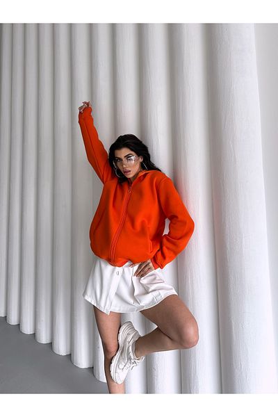 Mine'nspolo Orange Hooded Zippered Unisex Seasonal Oversize Sweatshirt