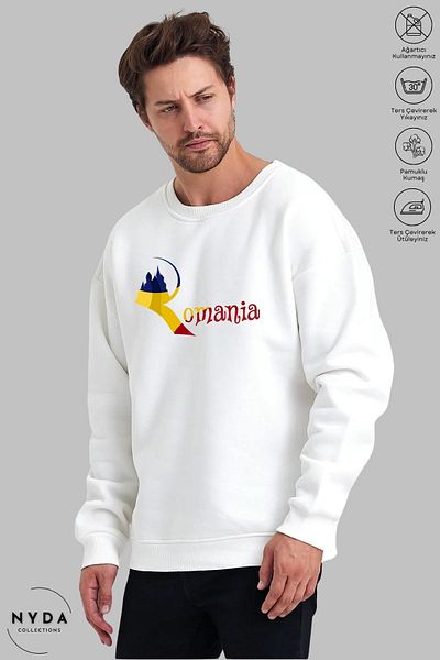 Nyda Collections Unisex μακρυμάνικο φούτερ με στάμπα Ρουμανίας με λαιμόκοψη χωρίς κουκούλα
