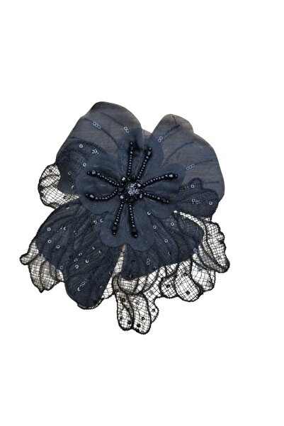 KARAASLAN Dikilebilir Şık Siyah Dantel Çiçek Aplik  Broş- Aksesuar-Dikilebili...