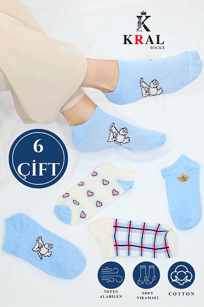 KRAL SOCKS Дамски чорапи до глезена (6 чифта) Сладки сини къси чорапи с шарка на плюшено мече