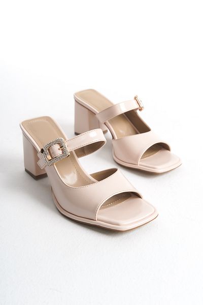 MARSEDO Women's Beige Casual Slippers - Chunky Heel, Blunt Toe and Stone Buckle Detail