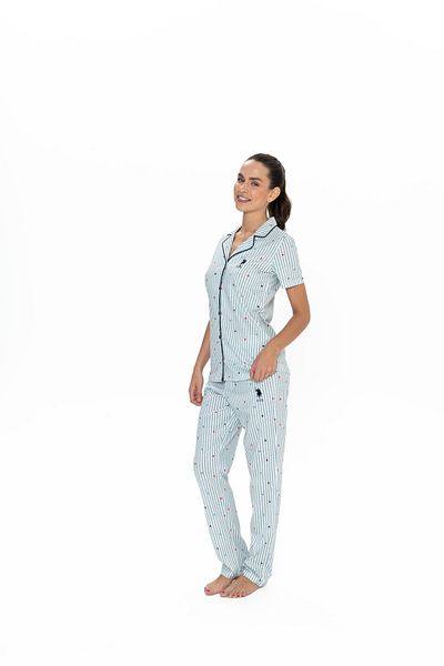 U.S. Polo Assn. Set pijamale pentru femei, 100% bumbac, licențiat USPA - bleumarin, guler cămașă, nasturi în față