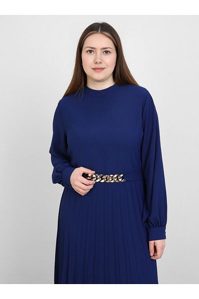 ALİA Plus Size Pleat Detailed Belted Aerobin Dress - Navy Blue - Alia