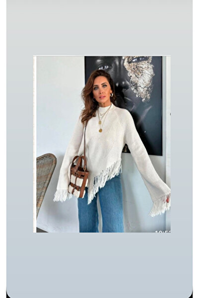 via moda Saçaklı krem triko kazak