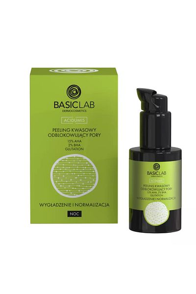 BASICLAB Kyslý peeling na upchatie pórov s 15% AHA, 2% BHA, 30 ml