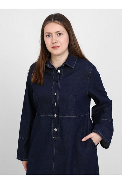 ALİA Plus Size Denim Dress with Button Pockets - Dark Navy - Alia