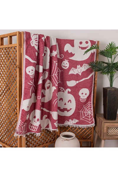 Cottella Halloween Desenli Dokuma Pamuklu Tek Kişilik Battaniye - Yatak Örtüsü