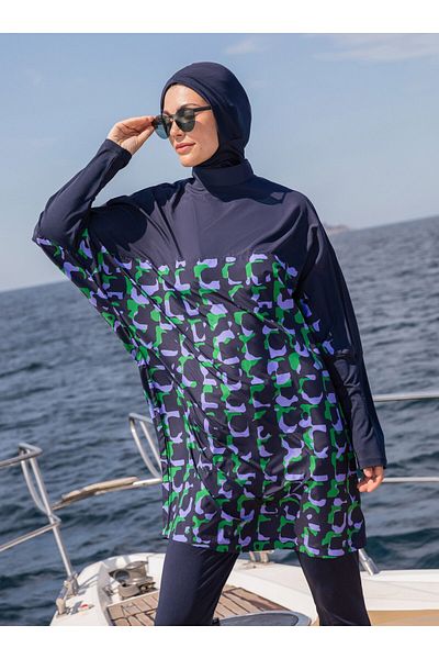 Mayo Bella Μαγιό Hijab με μοτίβο με νυχτερίδα - Navy Blue - Μαγιό Bella