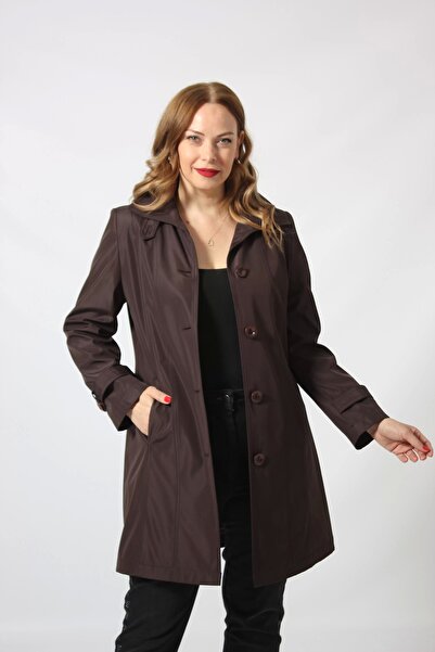 Moda Berray 1671 KOLU DÜĞME DETAYLI UZUN KAPİŞONLU TAŞ BÜYÜK BEDEN KADIN CEKET