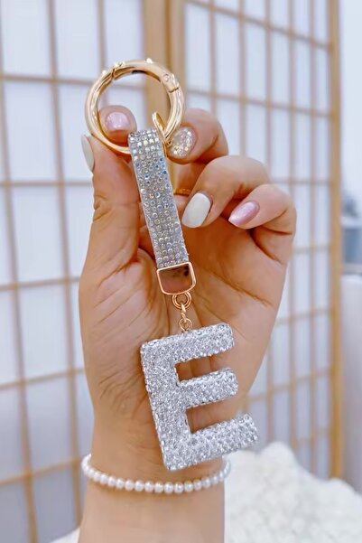 MAZEN E Harfi Beyaz Taşlı Harf Anahtarlık, Çanta Charmı VIP Seri