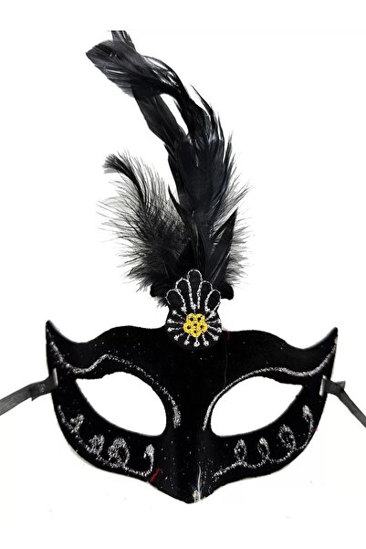 MEVAFA Black Suede Coating - Feathered Party Prom Mask 20x16 Cm