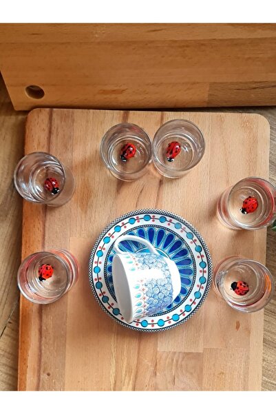 dugacam atölyesi Kahve Yanı Su Bardağı 6'lı Set Murano Cam Uğur Böceği Figürlü