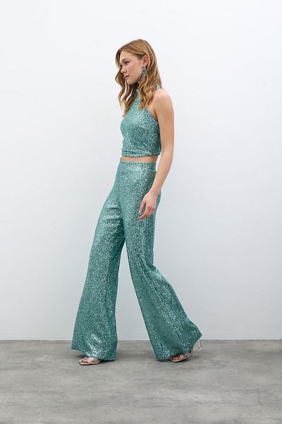 Sateen Sequined Loose Trousers - Mint