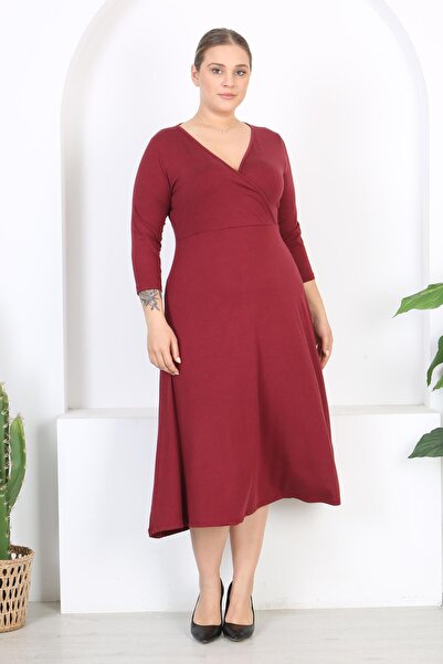 Mooi XXL Women's Burgundy Long Sleeve Double Breasted Neckline Plus Size Maxi Dress