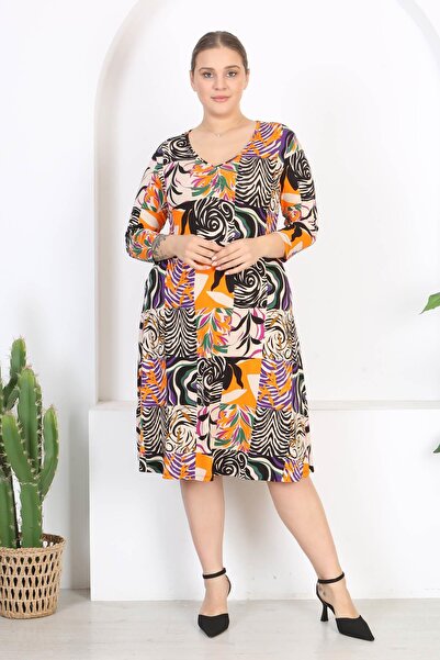 Mooi XXL Kadın Turuncu Mor Patchwork Desen V Yaka Truvakar Kol Büyük Beden Esnek Elbise
