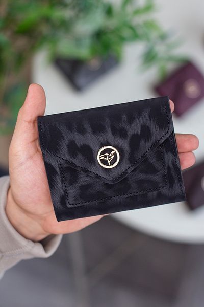 Garbalia Vegan Leather Mini Leopard Pattern Black Women's Wallet with Coin Eyes and Lots of Card Holders