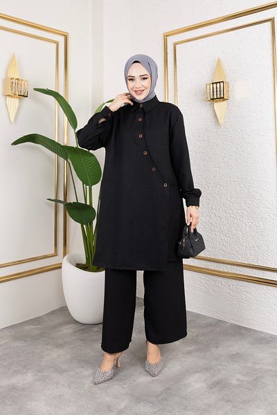 Sfg Life Moda Women's Shirt Collar Double Linen Set with Cross Buttons on the Front and Inner Tie-Up Pants