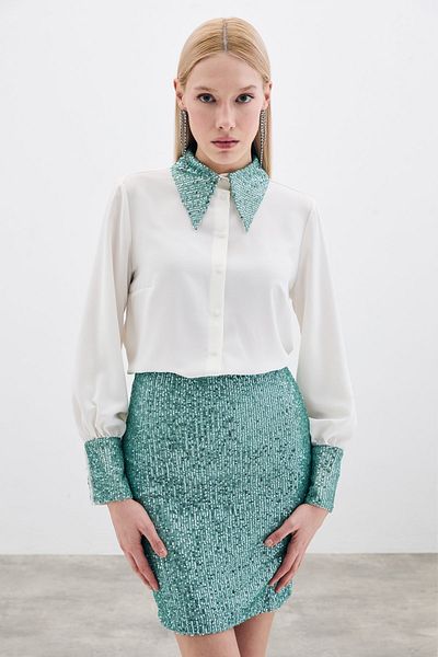 Sateen Cămașă cu paiete - Ecru-Mint