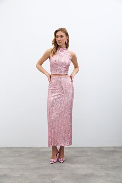 Sateen Zippered Karolin Midi Skirt - Powder