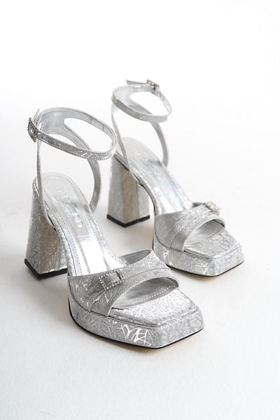MARSEDO Women's Platform Stylish Evening Shoes - Chunky Heel, Blunt Toe, Silver Mons