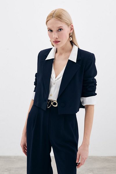 Sateen Short Crepe Jacket - Navy Blue