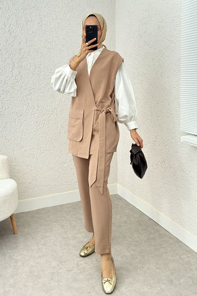 Salih Çelebi Stone Color Belted Vest and Trousers Set - 2243