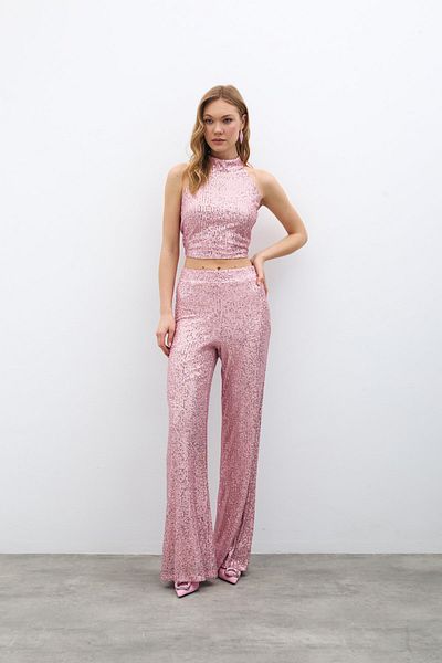 Sateen Sequined Loose Trousers - Powder