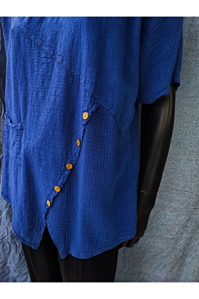 Sosyete Kaplumbağa Cotton Linen Asymmetrical Cut Button Pocket Blouse