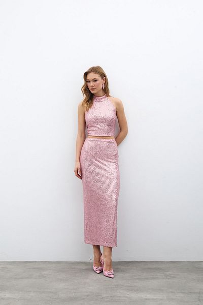 Sateen Zippered Karolin Midi Skirt - Powder