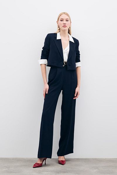 Sateen Pleated Crepe Trousers - Navy Blue